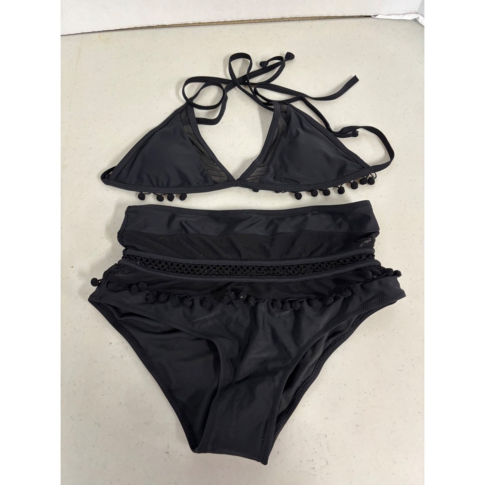 Black High Waist Bikini Pom Pom Mesh‎ Trim Triangle String Tie Swimsuit Size M